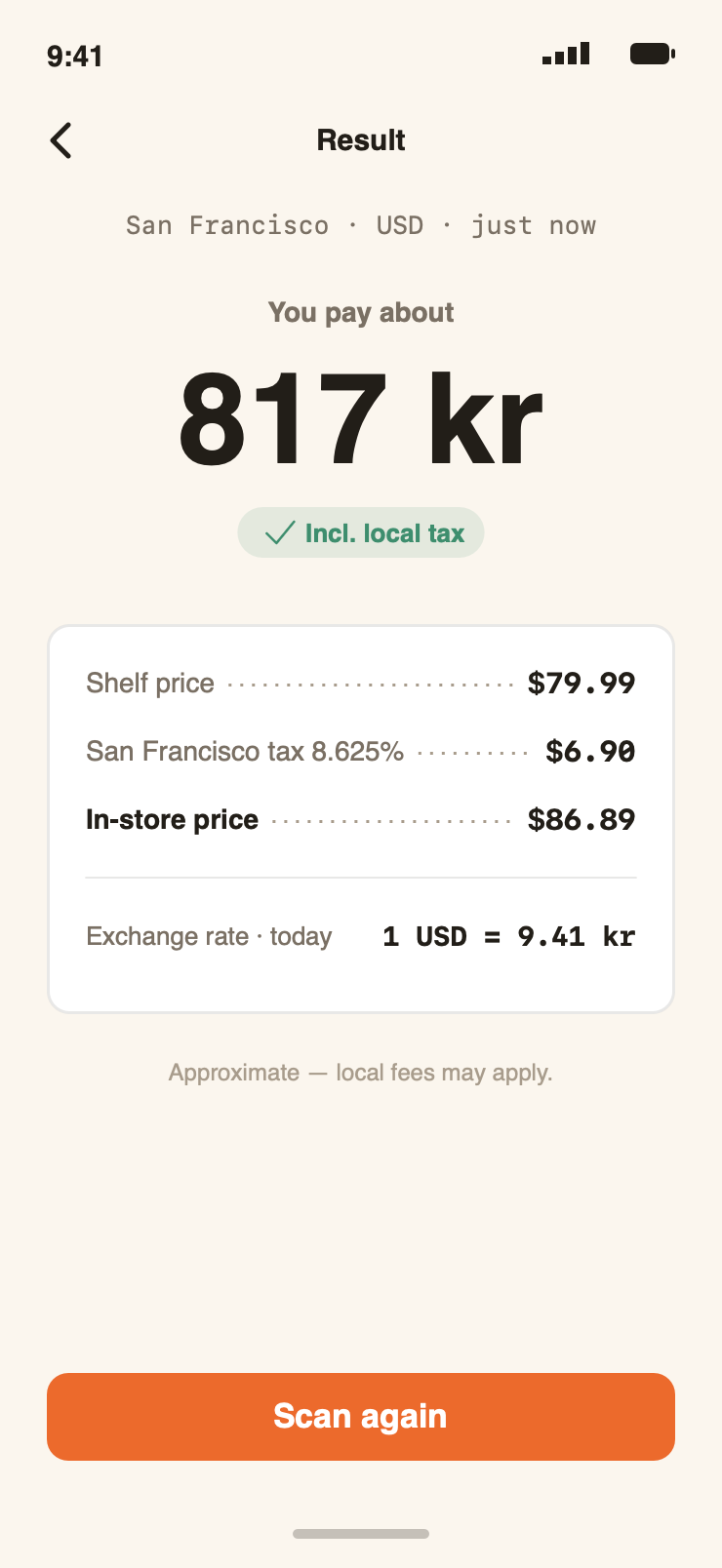 Prisio result screen showing a $79.99 shelf price in San Francisco converted to about 817 kr with local sales tax included.