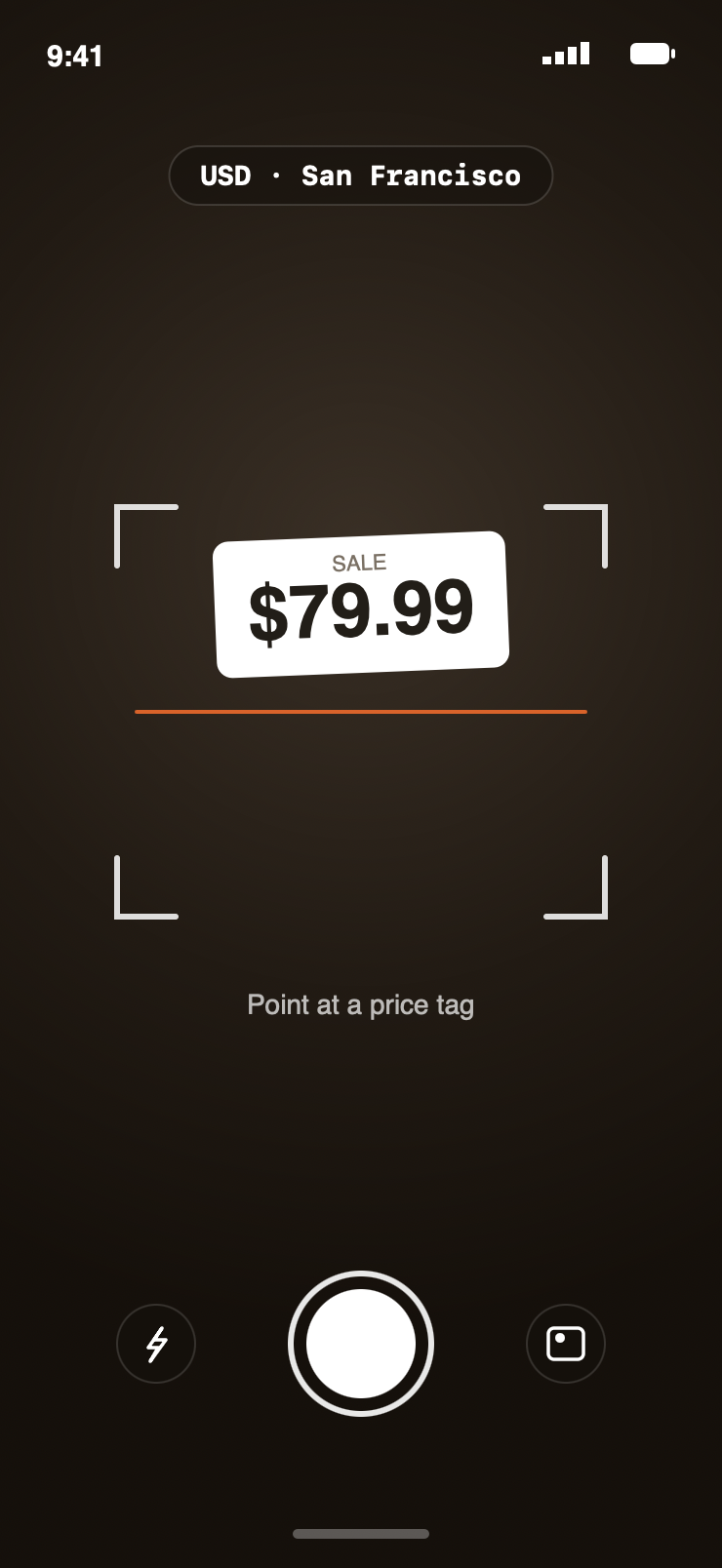 Prisio live scanner pointing at a $79.99 price tag, with USD and San Francisco shown at the top.